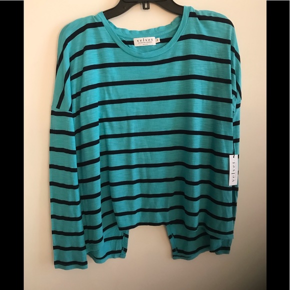 Velvet by Graham & Spencer Turquoise And Navy Long Sleeve Tee with Split Back - Picture 1 of 4